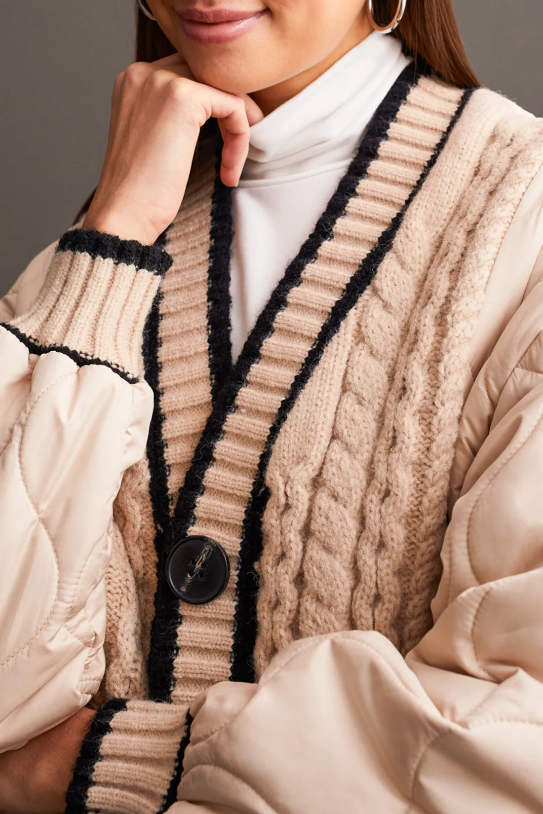 Quilted Cardigan w/ Sweater Detail, Beige