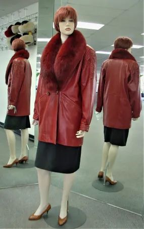 Red Lamb Leather Jacket, Detachable Fox Collar
