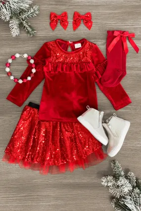 Red Velvet Tulle Sequin Skirt Set