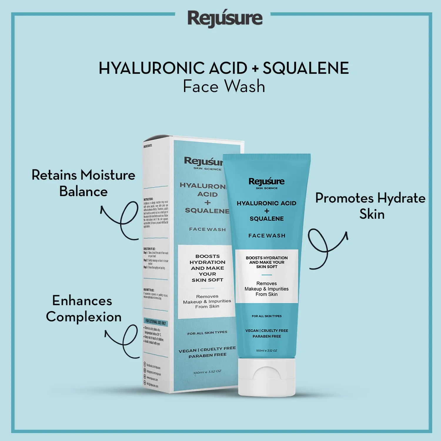 Rejusure Hyaluronic Acid   Squalene Face Wash with Hyaluronic Acid for Hydration with Anti-Aging Skin Care Properties, Soft, Refreshed & Smooth| Dry to Normal Skin | For Men & Women – 100 ml