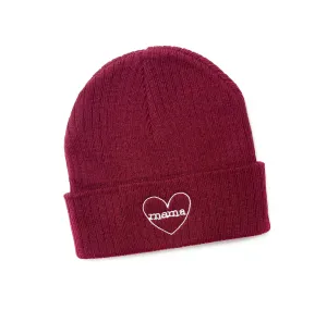 Ribbed Beanie - Mama - Maroon w/ White Heart Around