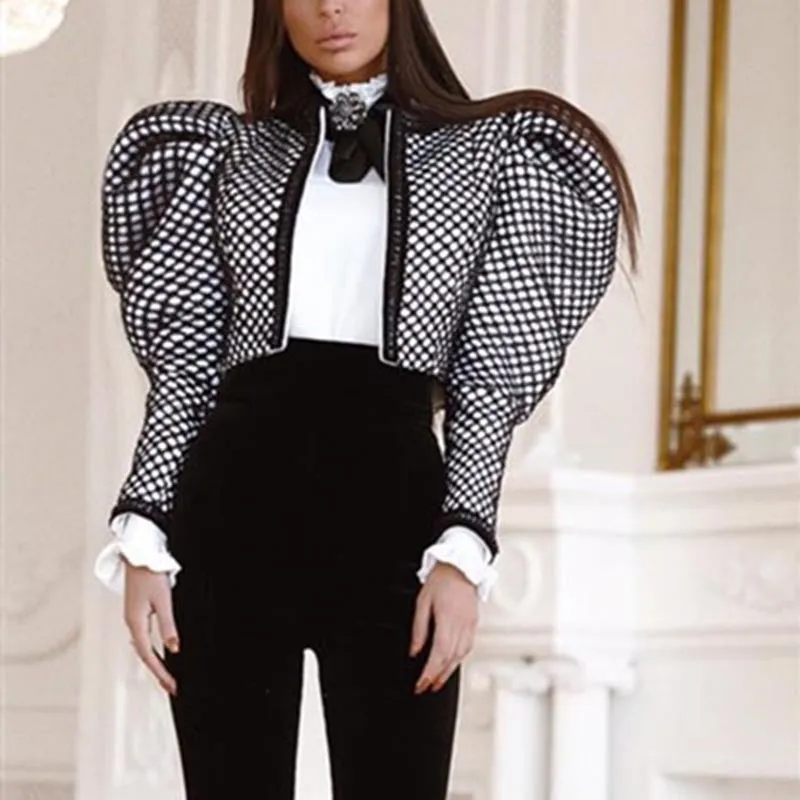 Ruched Plaid Coat For Women O Neck Puff Sleeve Short Female Coat Streetwear Autumn Fashion Clothing