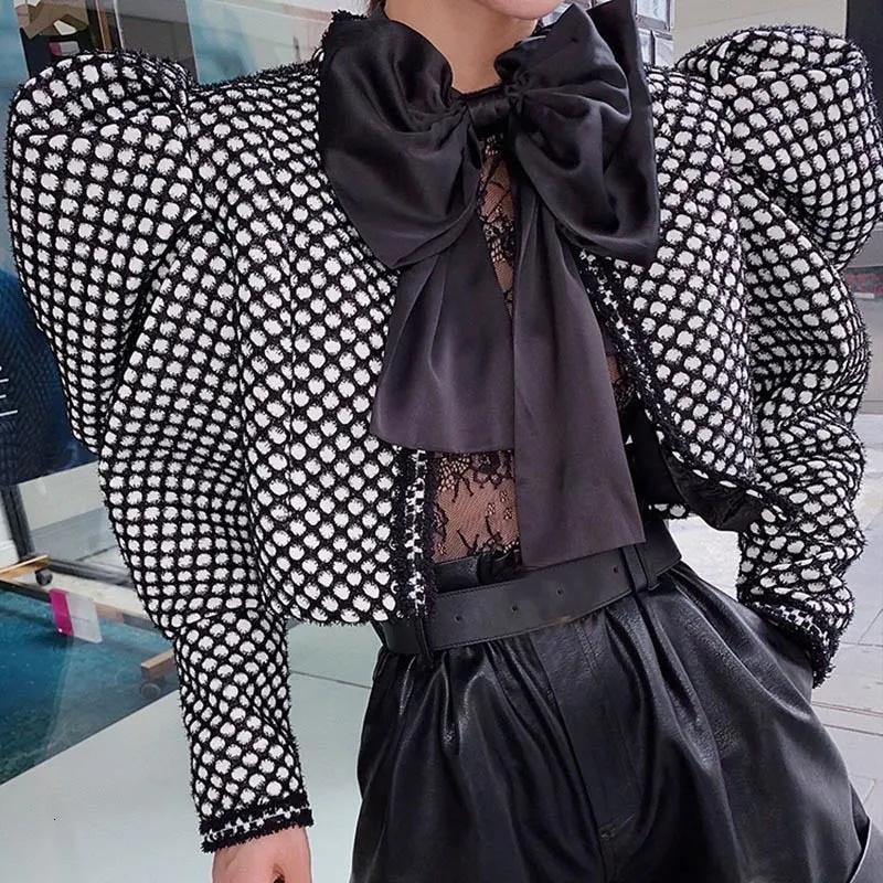 Ruched Plaid Coat For Women O Neck Puff Sleeve Short Female Coat Streetwear Autumn Fashion Clothing