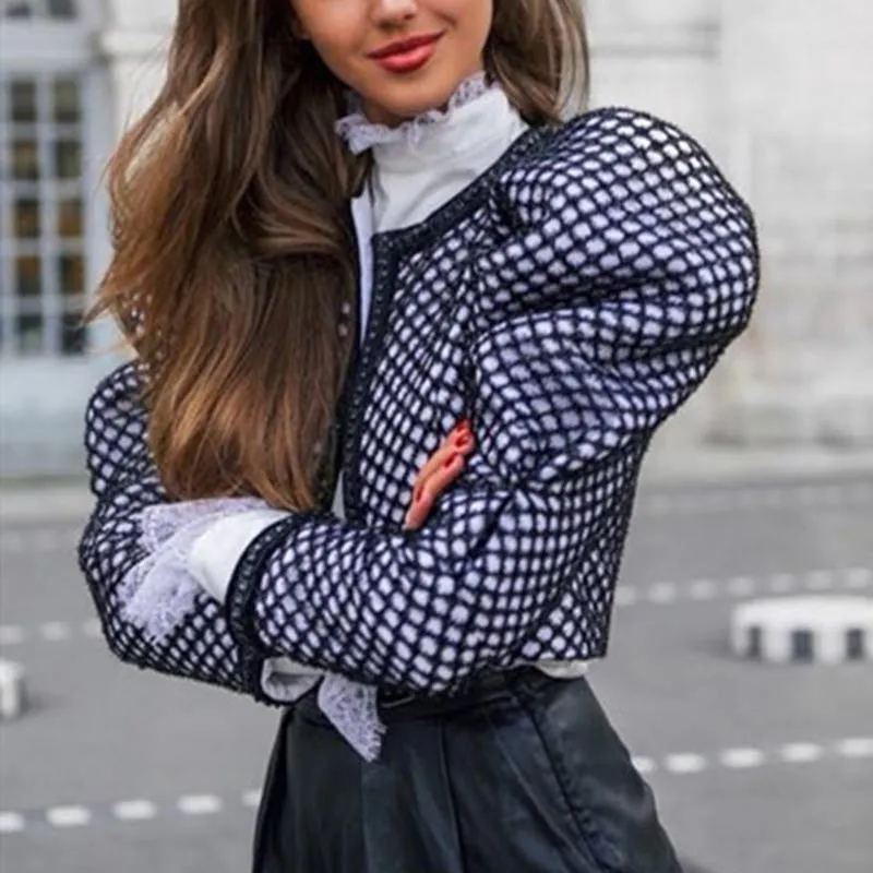 Ruched Plaid Coat For Women O Neck Puff Sleeve Short Female Coat Streetwear Autumn Fashion Clothing