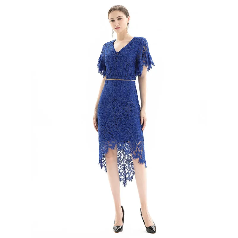 S075-3 Women foral lace asymmetric scallop hem midi party skirt