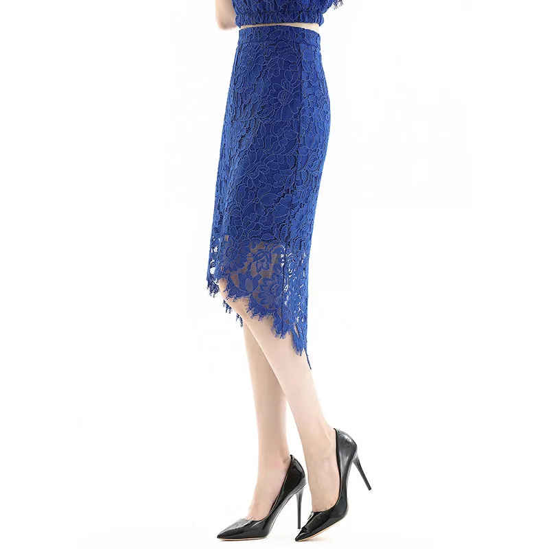 S075-3 Women foral lace asymmetric scallop hem midi party skirt