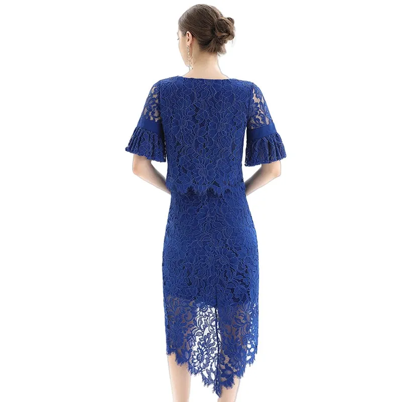 S075-3 Women foral lace asymmetric scallop hem midi party skirt