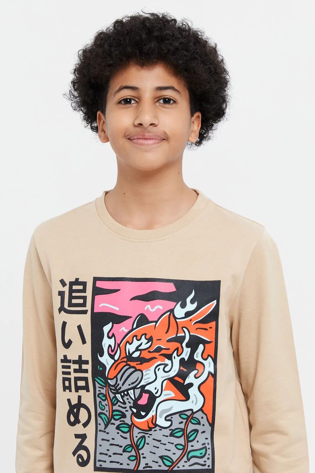 Senior Boys Beige Printed Sweatshirt