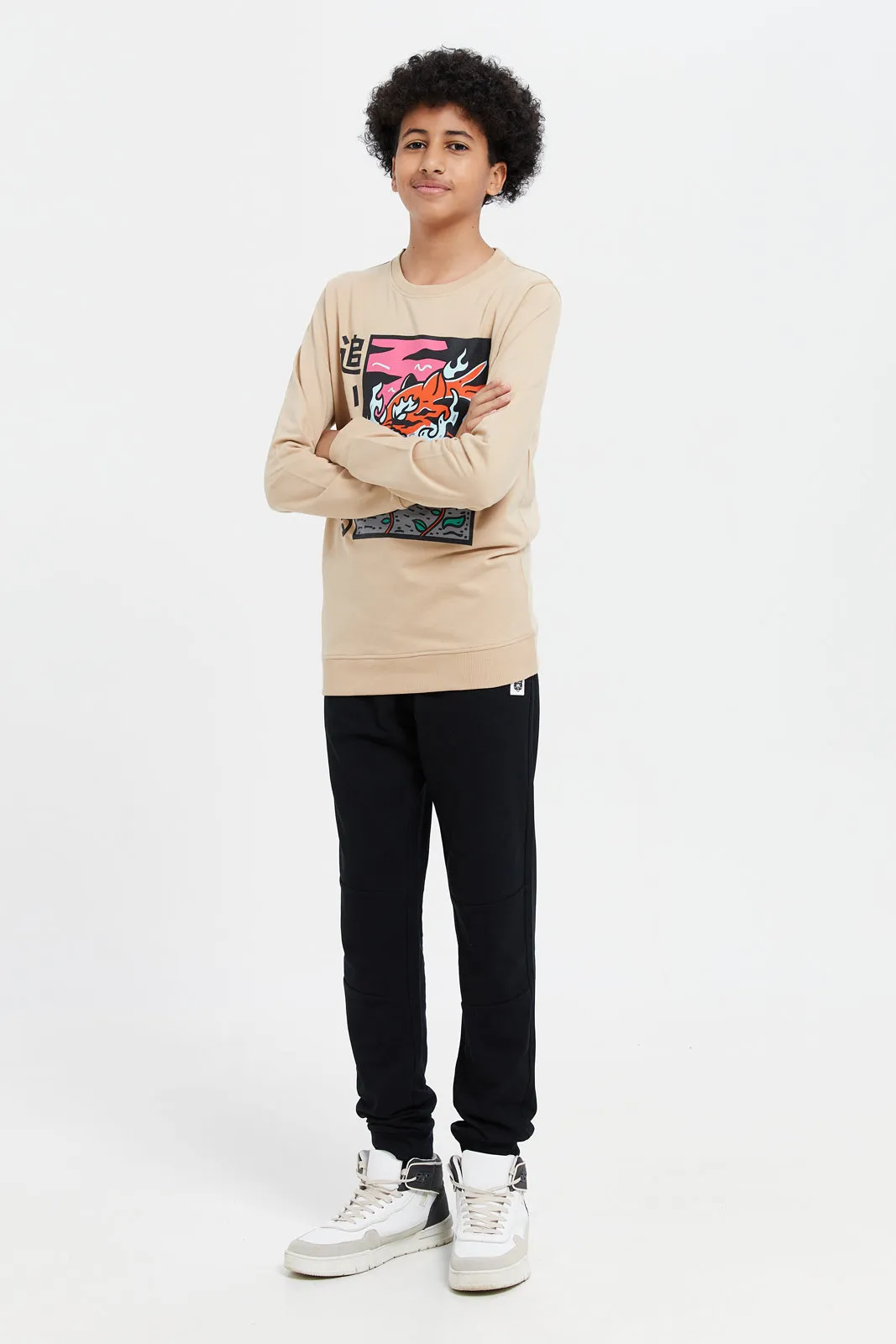Senior Boys Beige Printed Sweatshirt