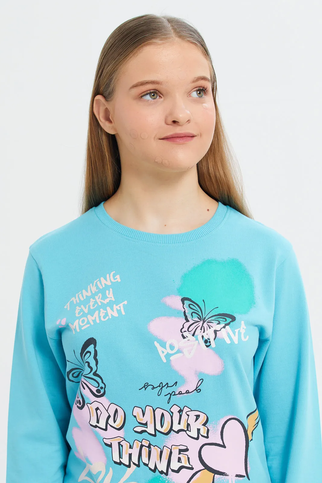 Senior Girls Blue Printed Sweatshirt