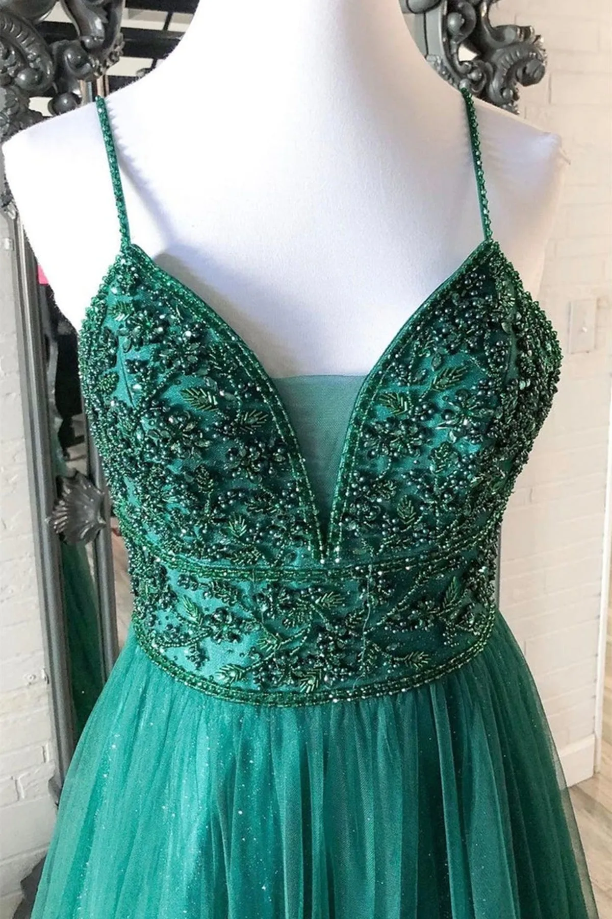Shiny V Neck Backless Beaded Green Tulle Long Prom Dress, Green Lace Formal Dress, Beaded Evening Dress A1461