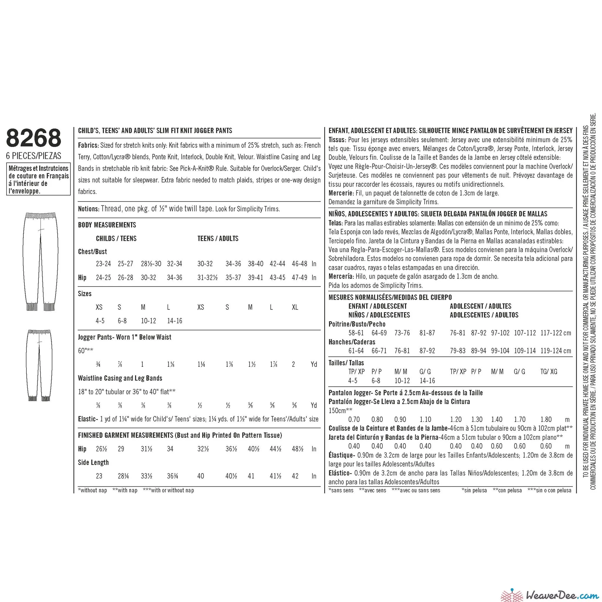 Simplicity Pattern S8268 Slim Fit Knit Jogger (Child's, Teen's & Adult's)