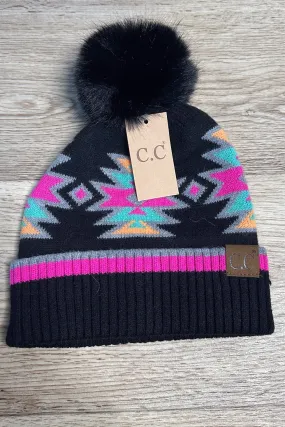 Southwest Pattern Pom Beanie - Black Multi