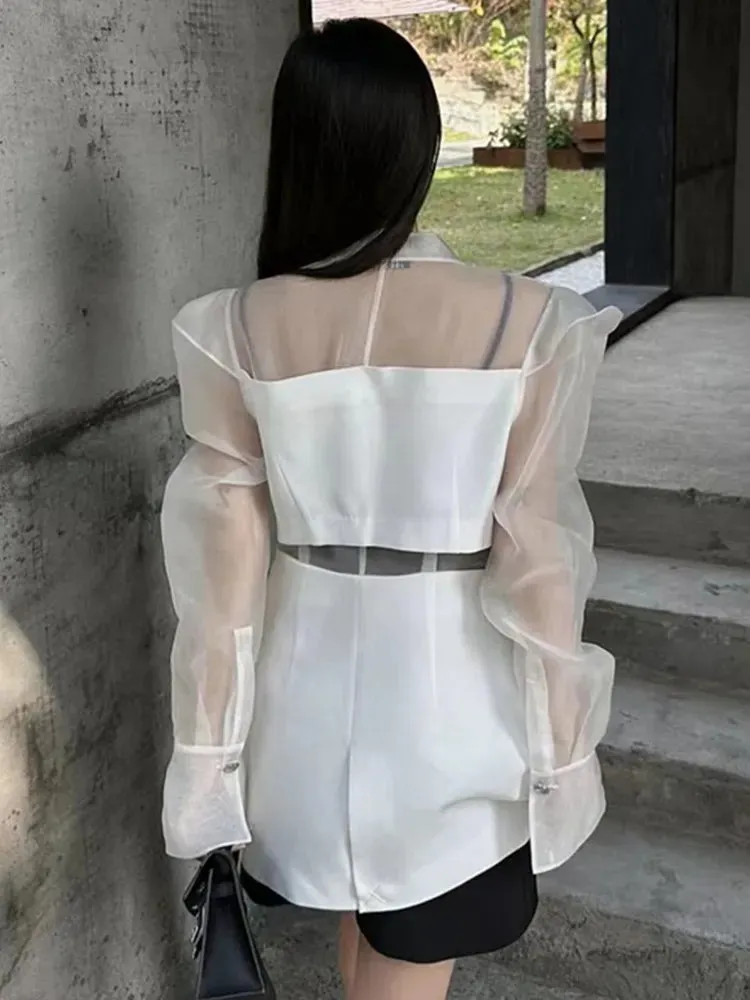 Spliced Mesh Blazer Female Notched Collar Long Sleeve Patchwork Single Button Solid Loose Blazers For Women Clothes