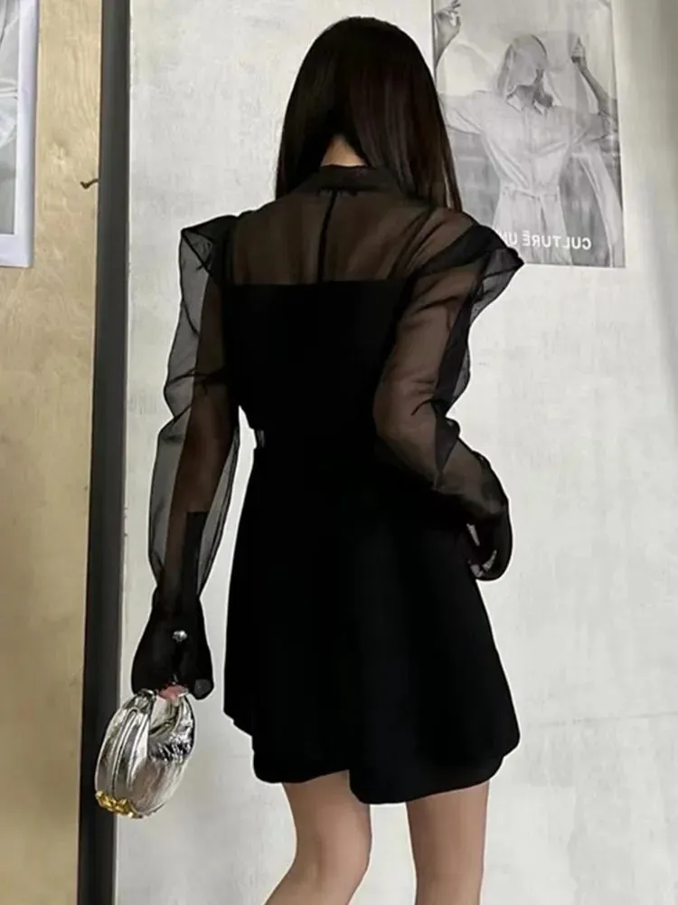 Spliced Mesh Blazer Female Notched Collar Long Sleeve Patchwork Single Button Solid Loose Blazers For Women Clothes