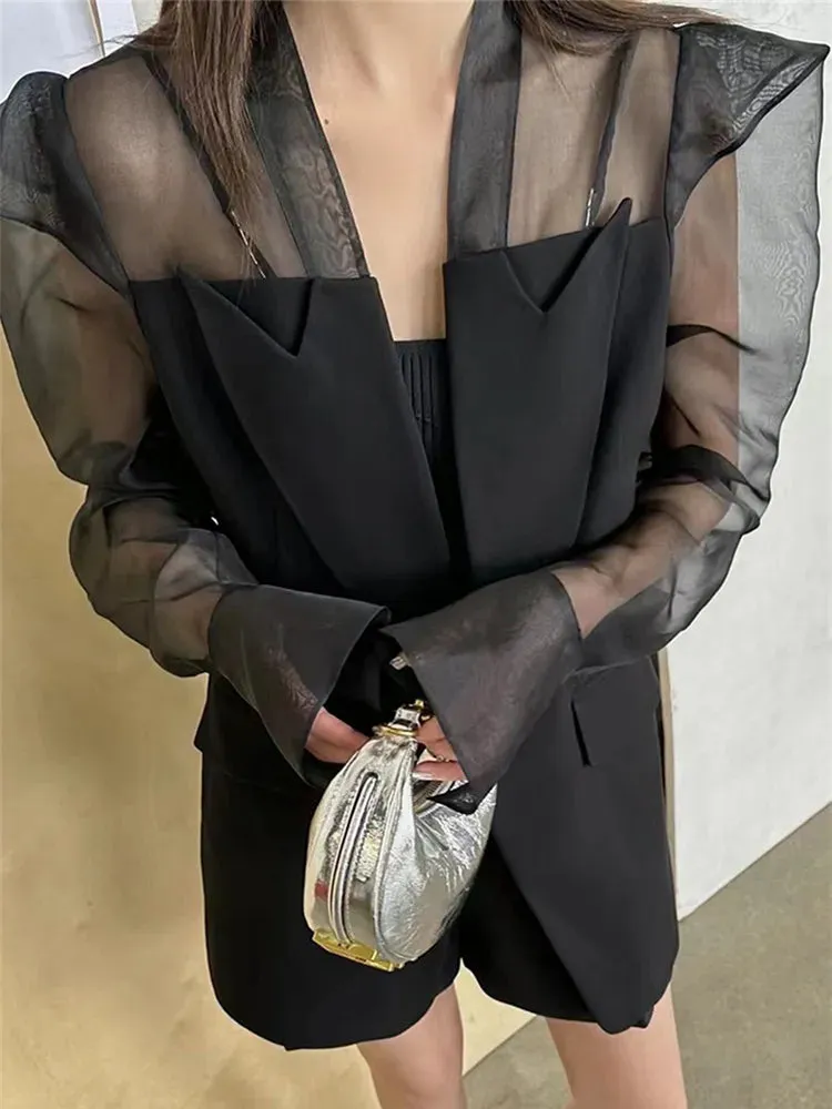 Spliced Mesh Blazer Female Notched Collar Long Sleeve Patchwork Single Button Solid Loose Blazers For Women Clothes