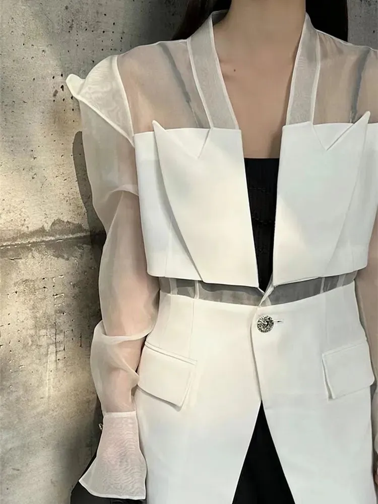 Spliced Mesh Blazer Female Notched Collar Long Sleeve Patchwork Single Button Solid Loose Blazers For Women Clothes