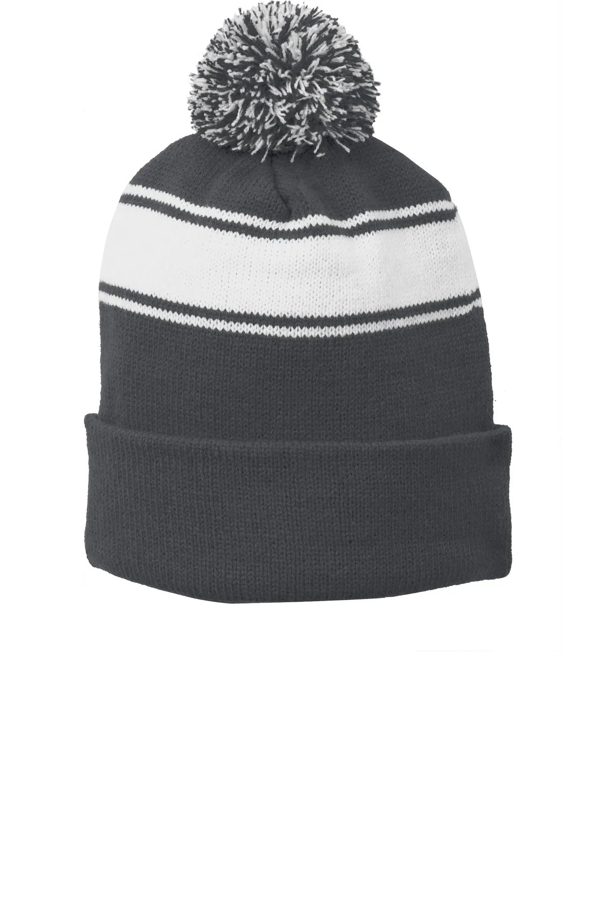 Sport-Tek Stripe Custom Pom Pom Beanies, Iron Grey/ White