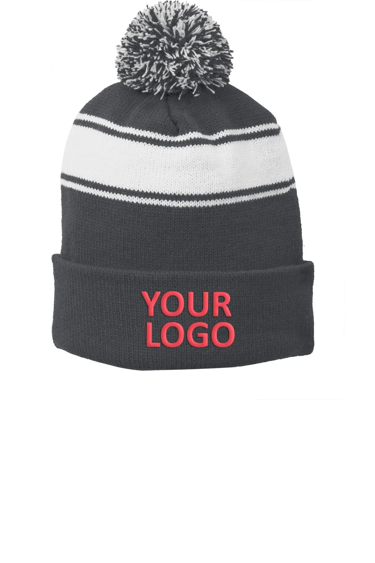 Sport-Tek Stripe Custom Pom Pom Beanies, Iron Grey/ White