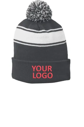 Sport-Tek Stripe Custom Pom Pom Beanies, Iron Grey/ White