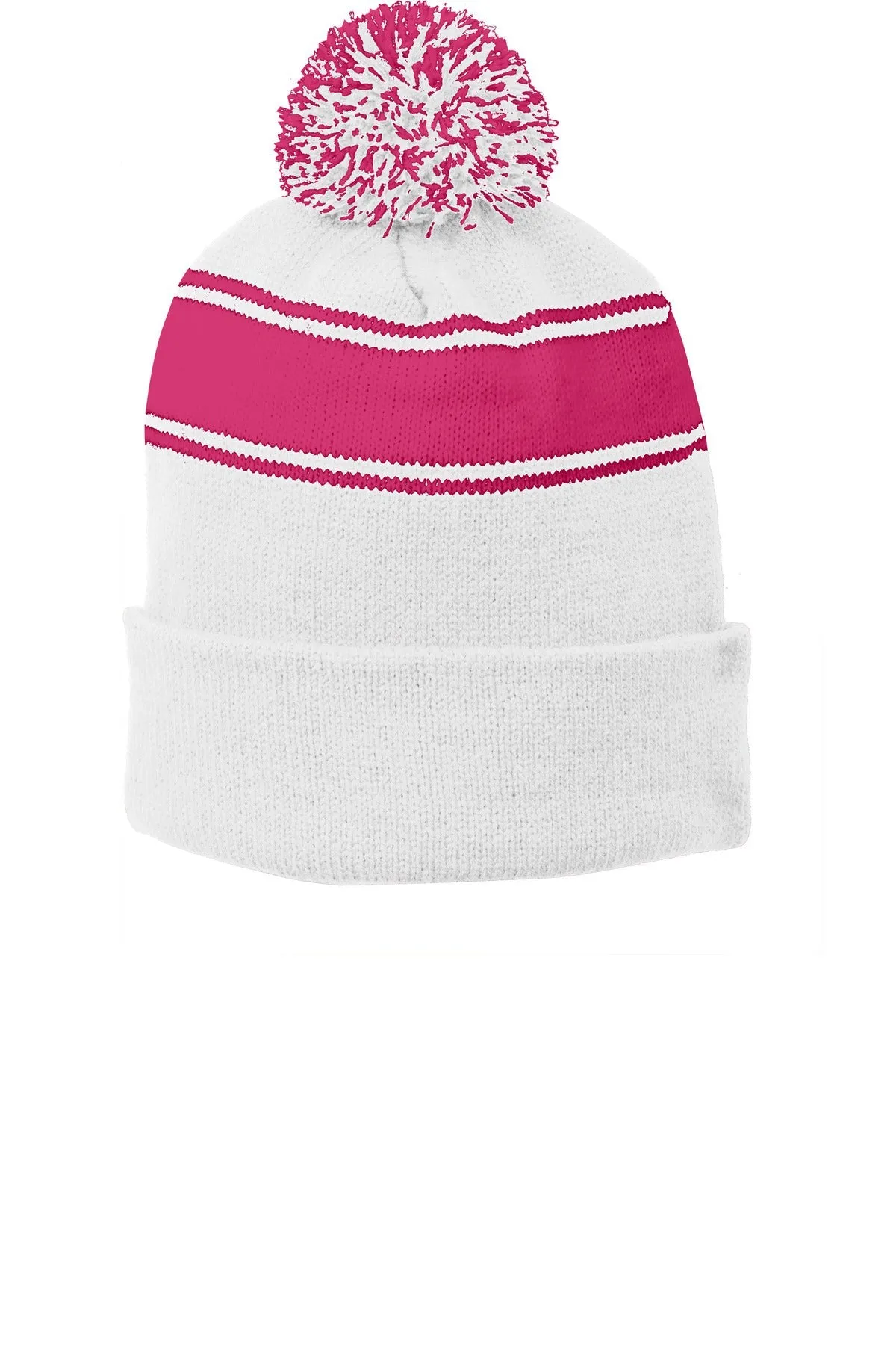 Sport-Tek Stripe Customized Pom Pom Beanies, White/ Pink Raspberry