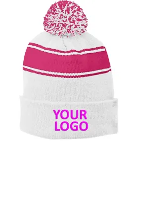 Sport-Tek Stripe Customized Pom Pom Beanies, White/ Pink Raspberry