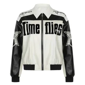 Streetwear Letter Printed Winter Jacket Women Zip-Up Fashion Autumn PU Leather Coat Contrast Color Moto Style Jackets