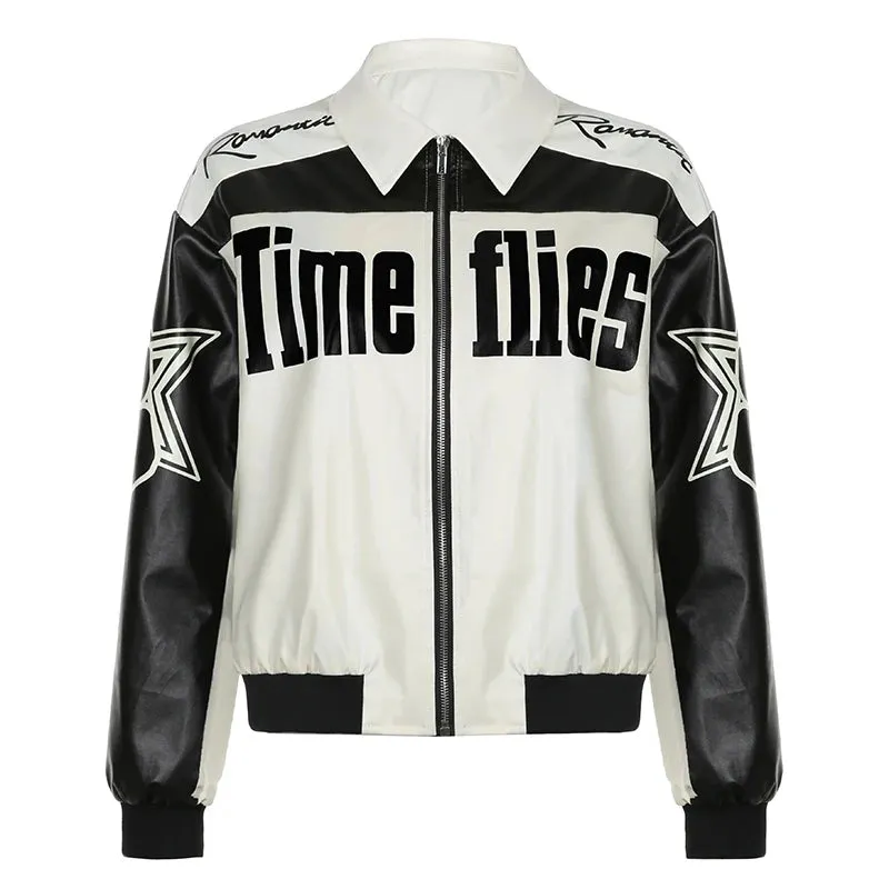 Streetwear Letter Printed Winter Jacket Women Zip-Up Fashion Autumn PU Leather Coat Contrast Color Moto Style Jackets