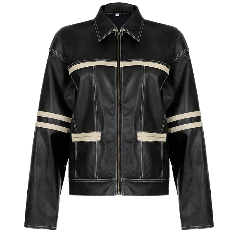 Streetwear Loose Stripe Stitched Leather Jacket Female Autumn Winter Zip Up Coat Vintage Motorcycle Jackets Outwear