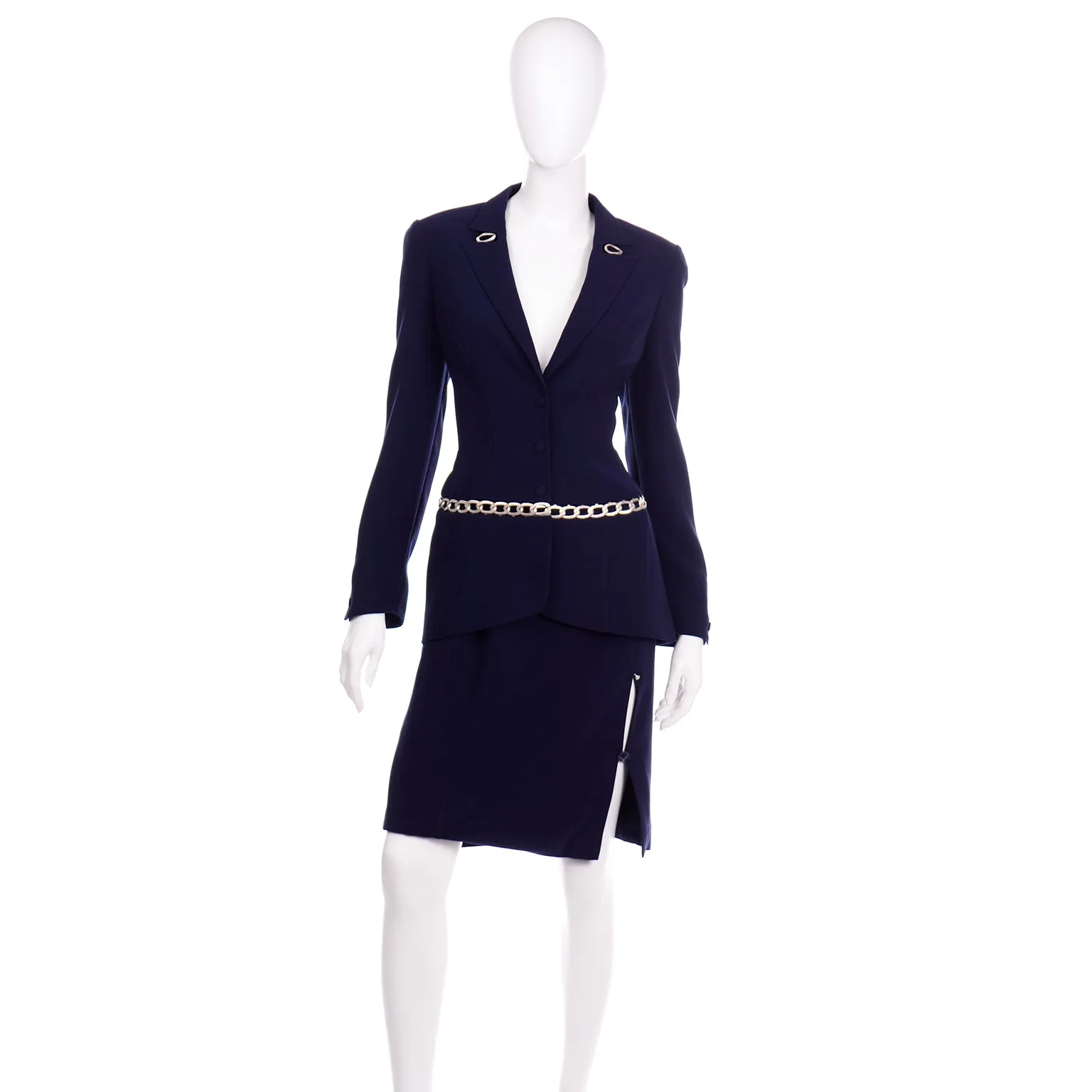 Thierry Mugler Vintage Navy Blue Skirt Suit w Chain Jacket