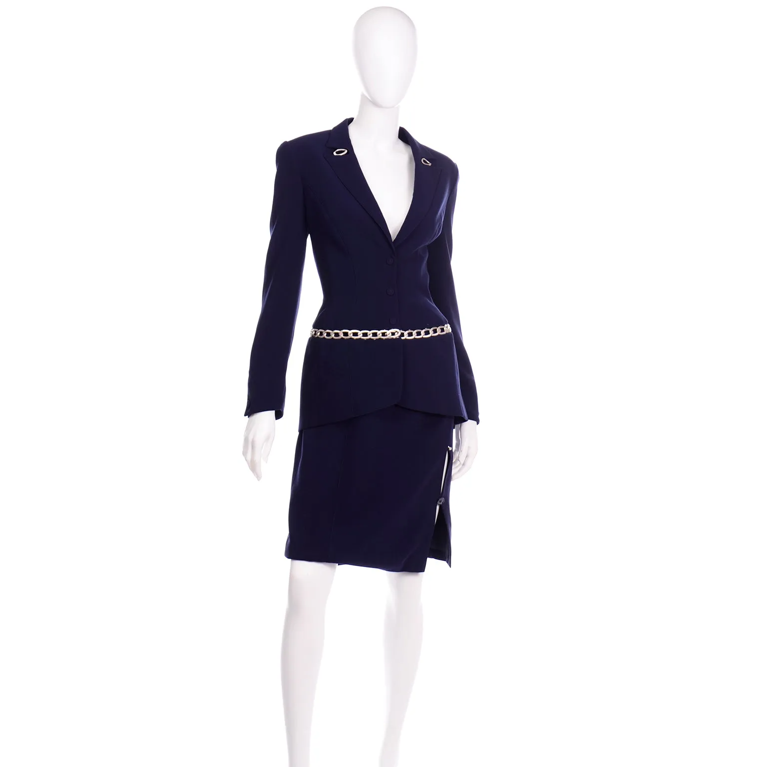Thierry Mugler Vintage Navy Blue Skirt Suit w Chain Jacket