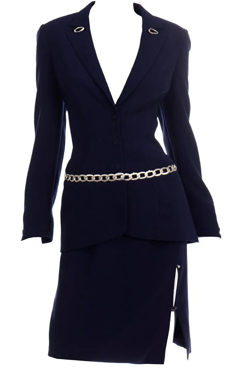 Thierry Mugler Vintage Navy Blue Skirt Suit w Chain Jacket