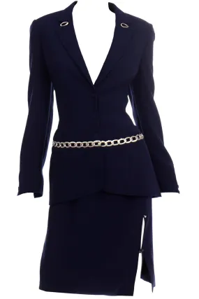 Thierry Mugler Vintage Navy Blue Skirt Suit w Chain Jacket