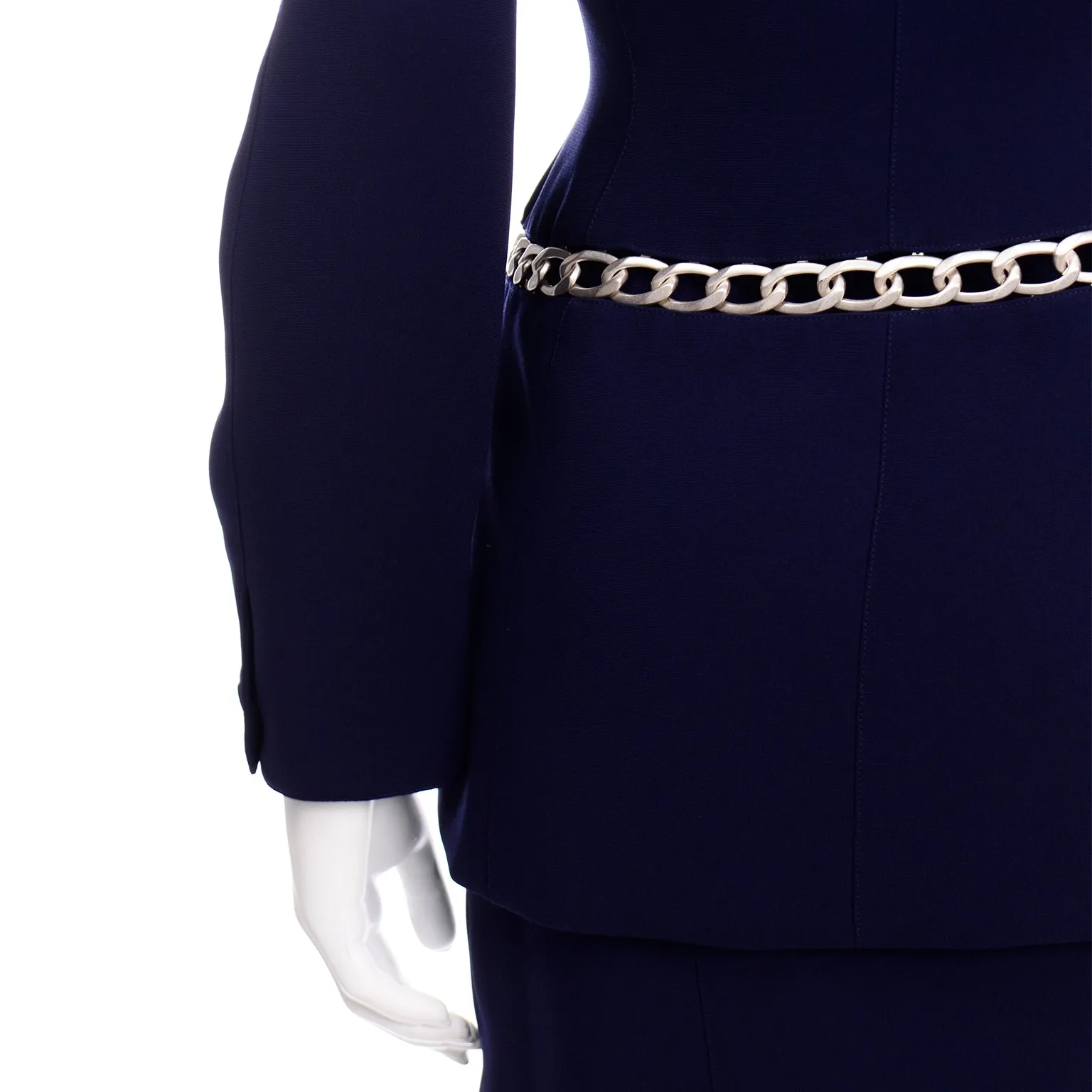 Thierry Mugler Vintage Navy Blue Skirt Suit w Chain Jacket