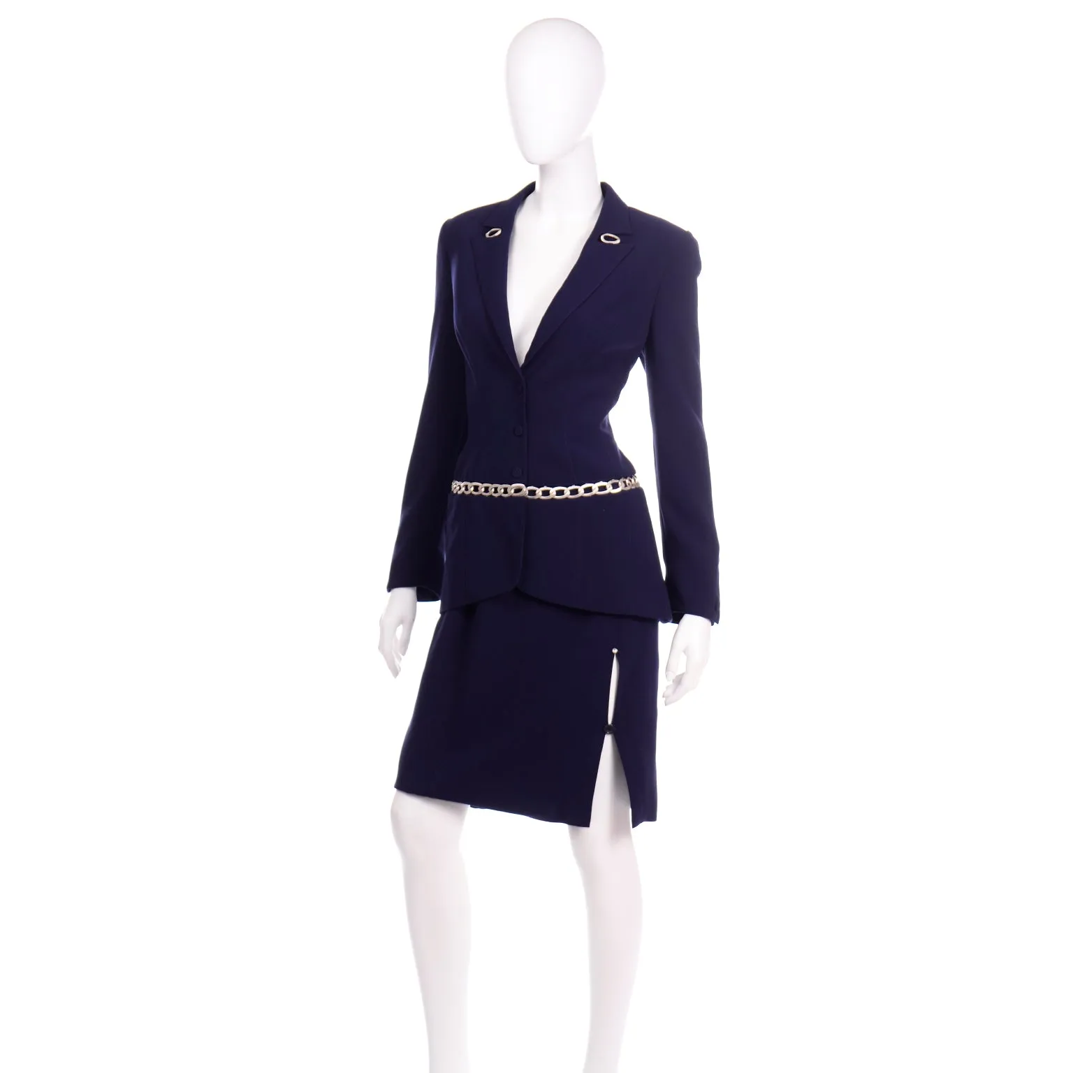 Thierry Mugler Vintage Navy Blue Skirt Suit w Chain Jacket