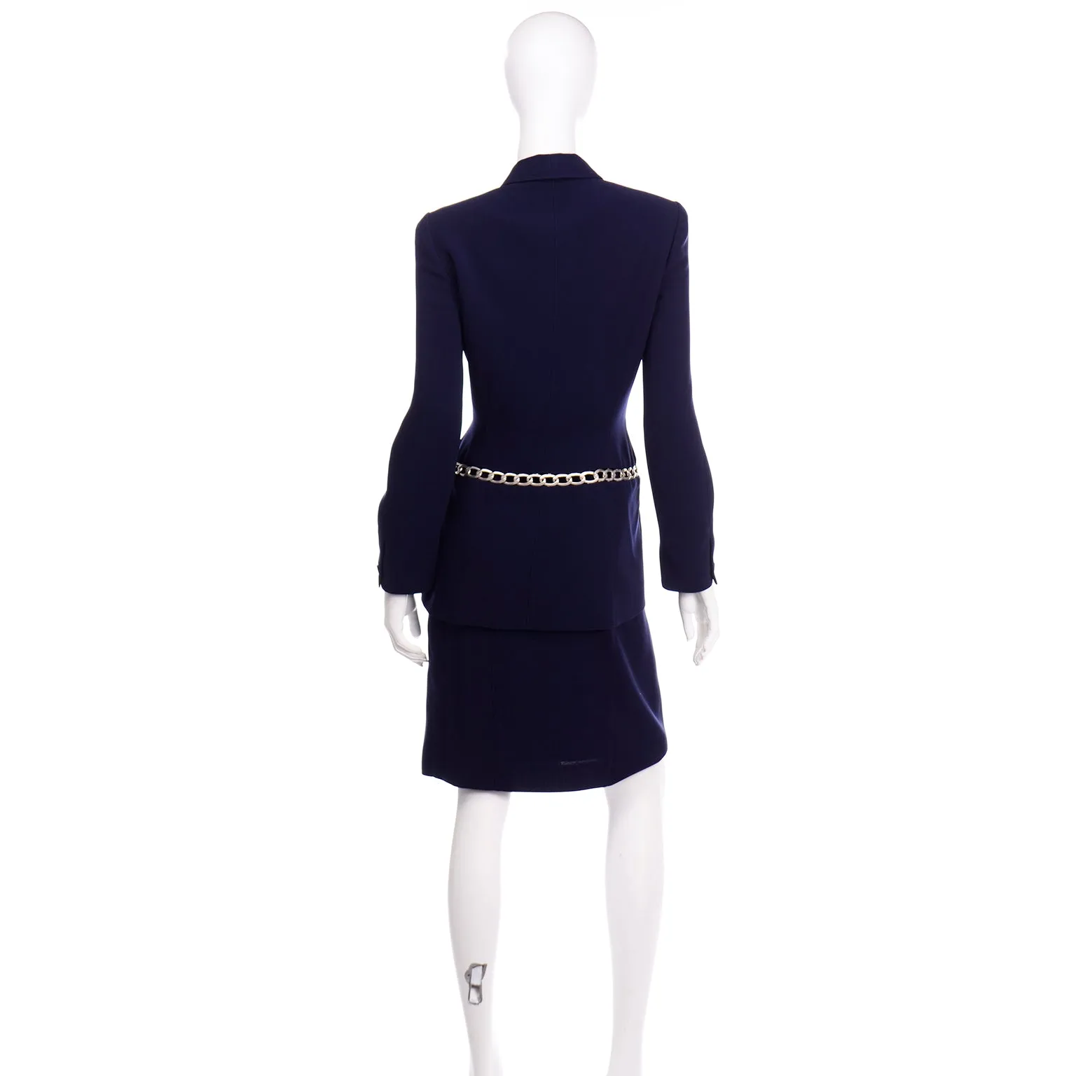 Thierry Mugler Vintage Navy Blue Skirt Suit w Chain Jacket