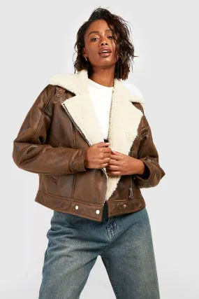 VINTAGE WASH FAUX FUR LEATHER AVIATOR JACKET