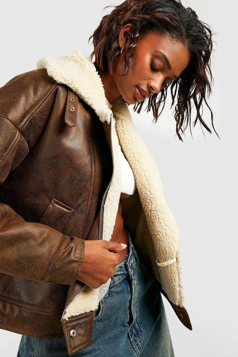 VINTAGE WASH FAUX FUR LEATHER AVIATOR JACKET