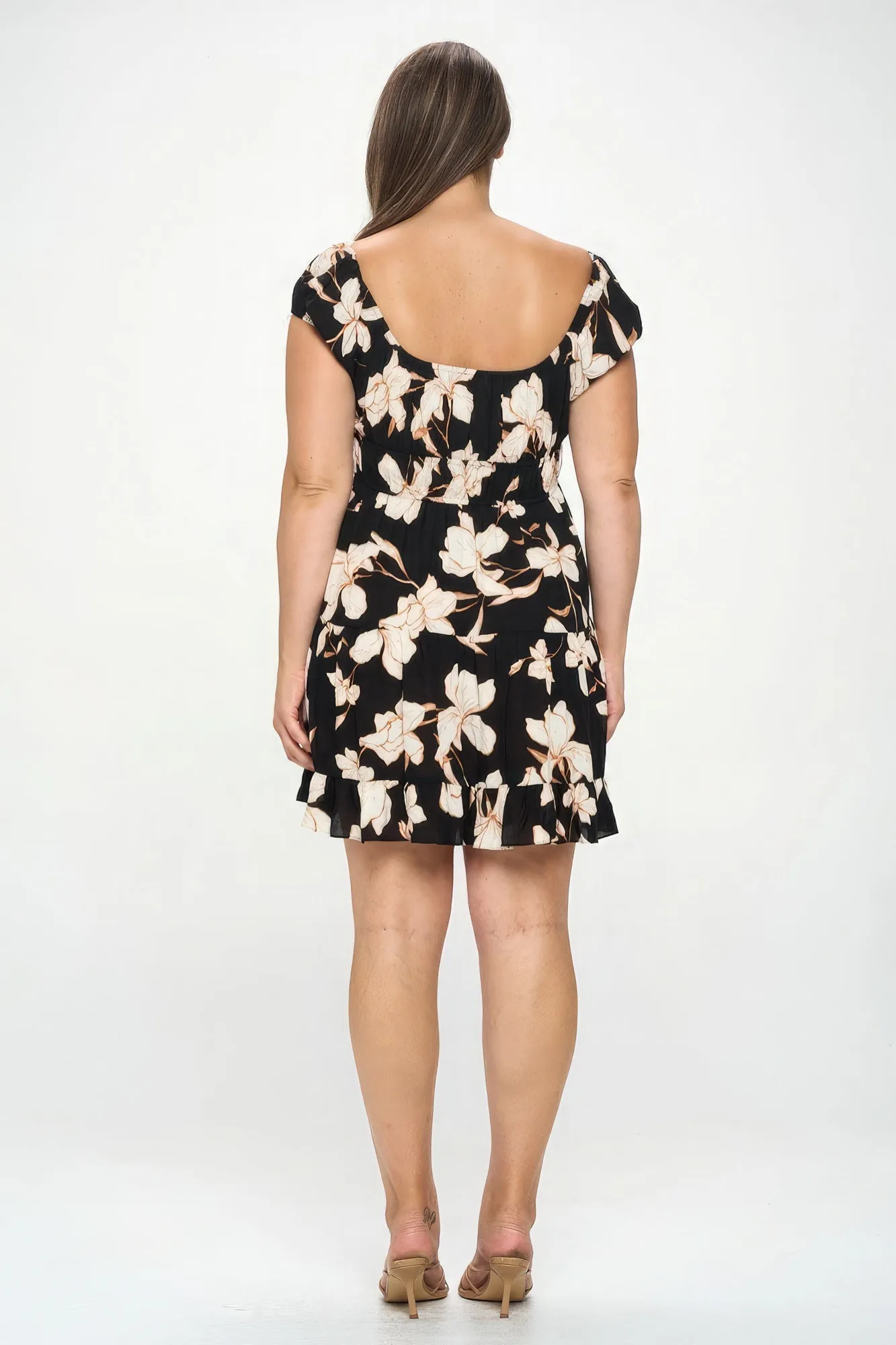 Voluptuous ( ) Big Floral Front Tie Ruffle Mini Plus Size Dress