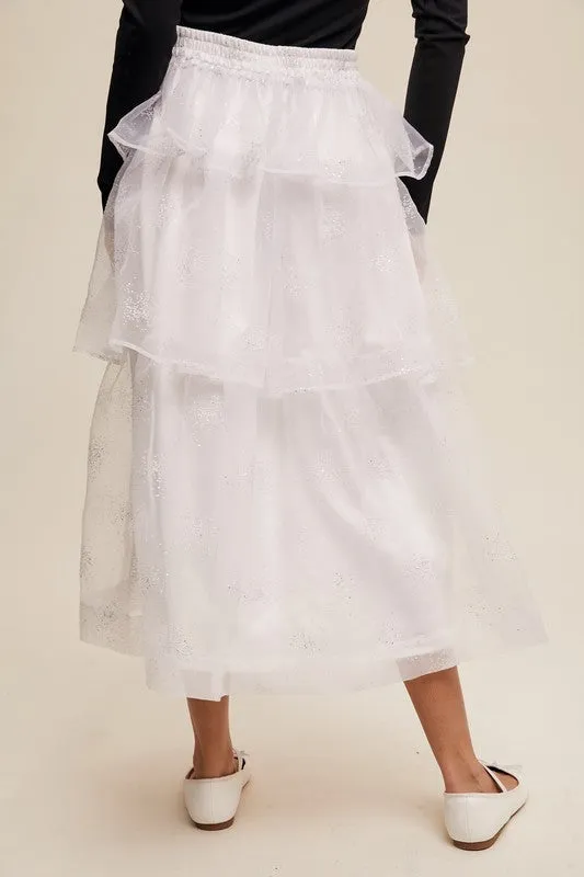 White Sparkle Organza Tiered Maxi Skirt