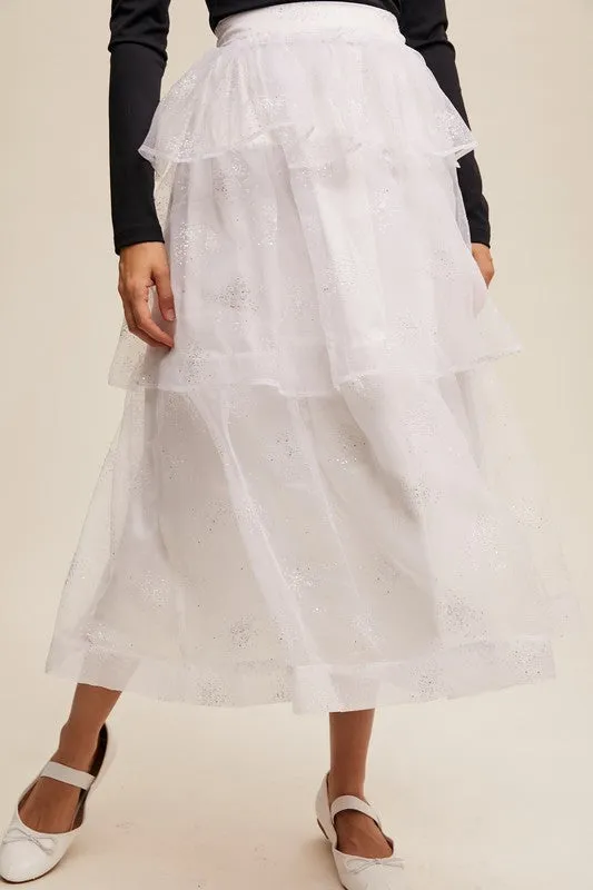 White Sparkle Organza Tiered Maxi Skirt