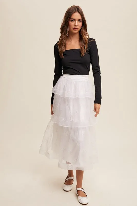 White Sparkle Organza Tiered Maxi Skirt