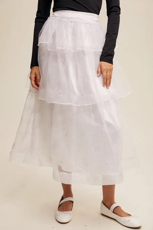 White Sparkle Organza Tiered Maxi Skirt