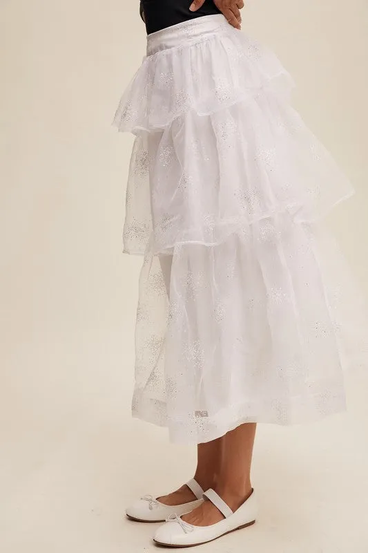 White Sparkle Organza Tiered Maxi Skirt