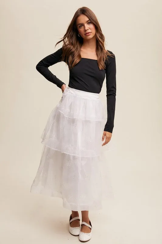 White Sparkle Organza Tiered Maxi Skirt