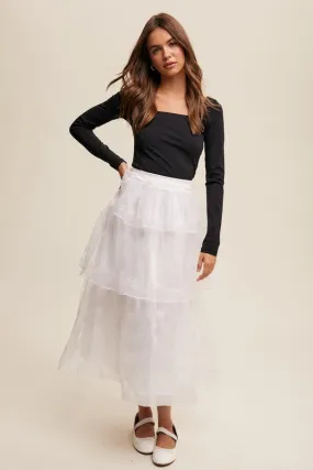 White Sparkle Organza Tiered Maxi Skirt