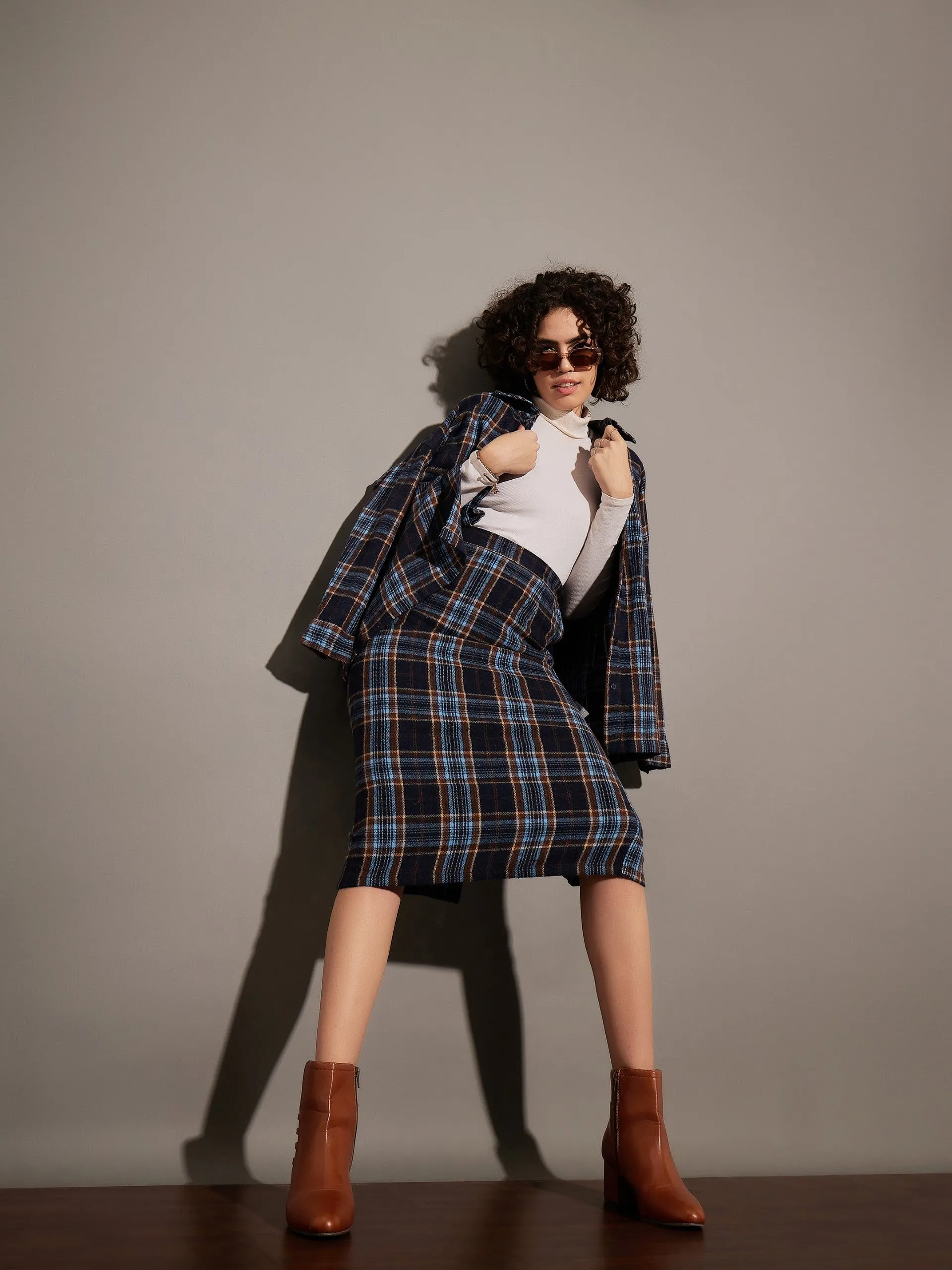 Women Blue Yarn dyed Check Pencil Skirt