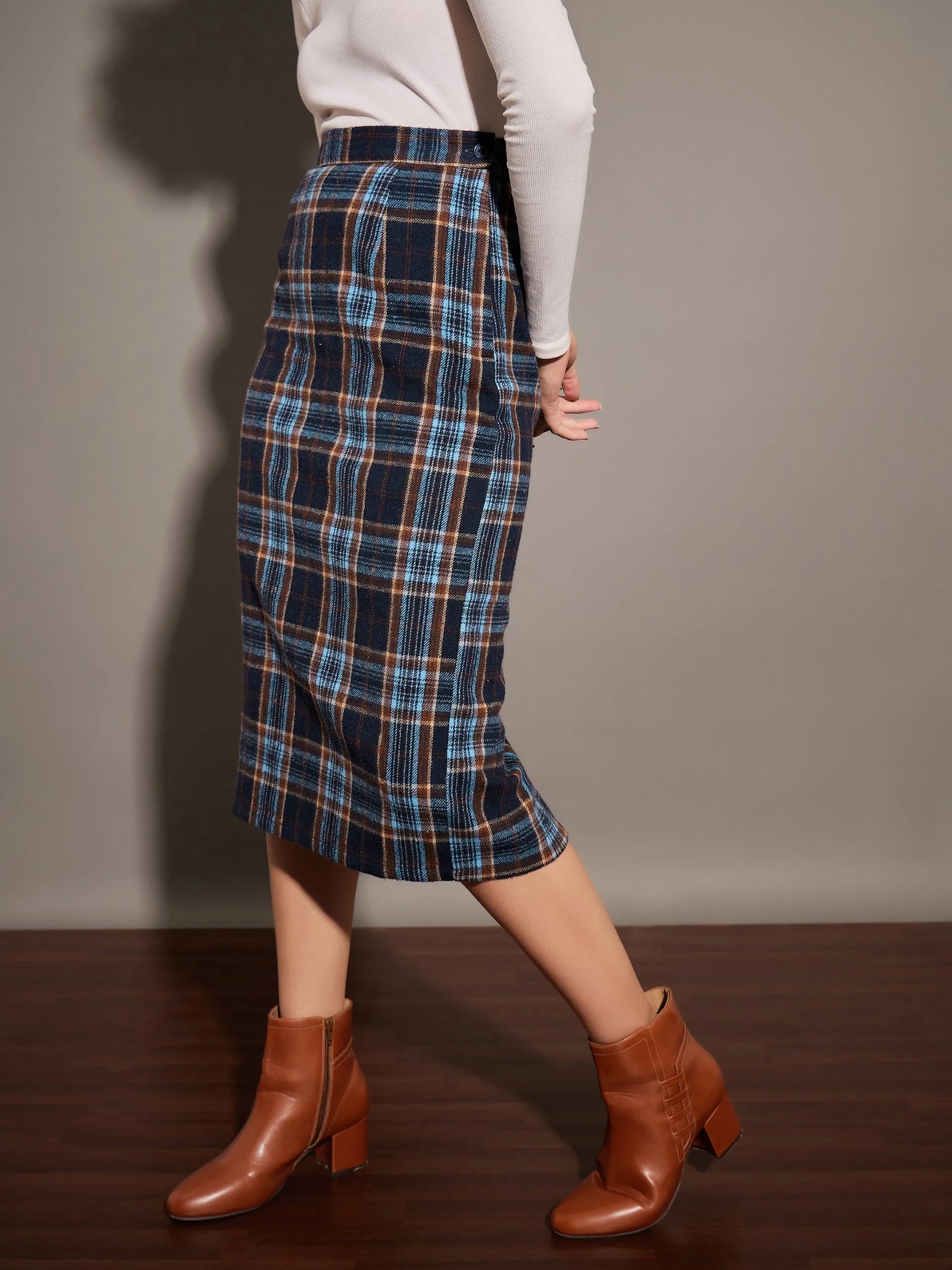 Women Blue Yarn dyed Check Pencil Skirt