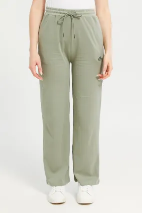 Women Green Plain Wide Leg Active Pants