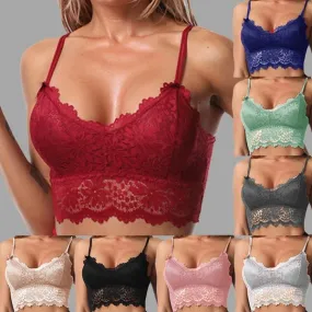 Women Sleeveless Lace Vest Bra Cropped Top Camisole Padded Tank Tops Fitness Underwear Floral Lace Bralette 7 Colors